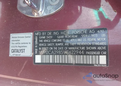 1997 Porsche Boxster from USA, damaged, VIN WP0CA2985VS622944